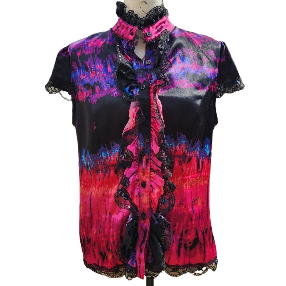 Baby Phat -257 Y2K satin like lace and sequin blouse hot pink and black Large